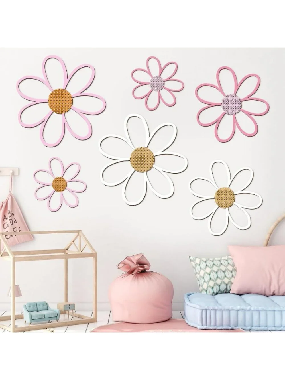 6 Pcs Wooden Daisy Wall Decor - Floral Art Hanging Plaques for Home & Nursery